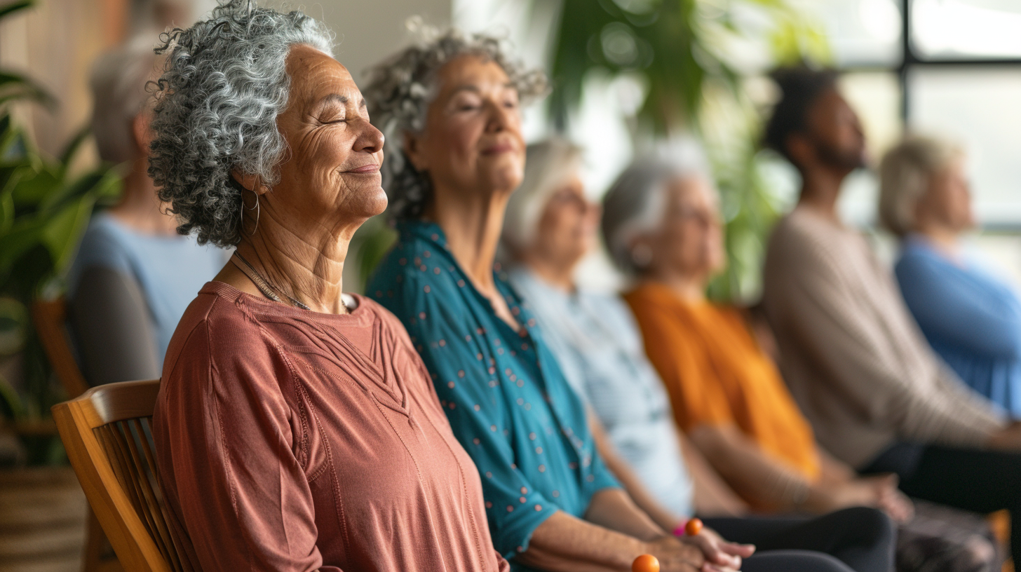 chair-yoga-for-seniors-01 Seniors practicing mindfulness meditation together indoors in a chair yoga session.