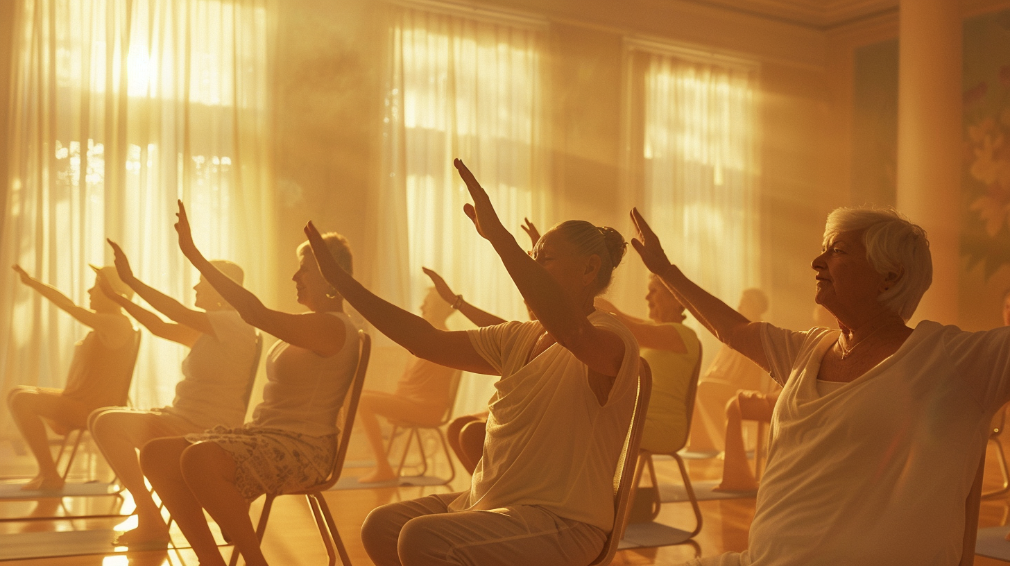 chair-yoga-for-seniors-02 Seniors practicing chair yoga in sunlit room.