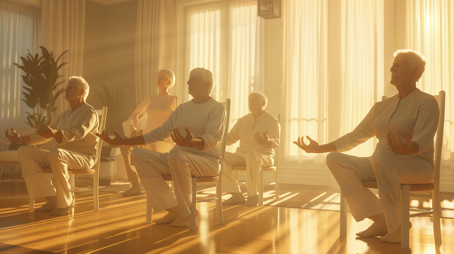 chair-yoga-for-seniors-03 Seniors practicing meditation in sunlit room.