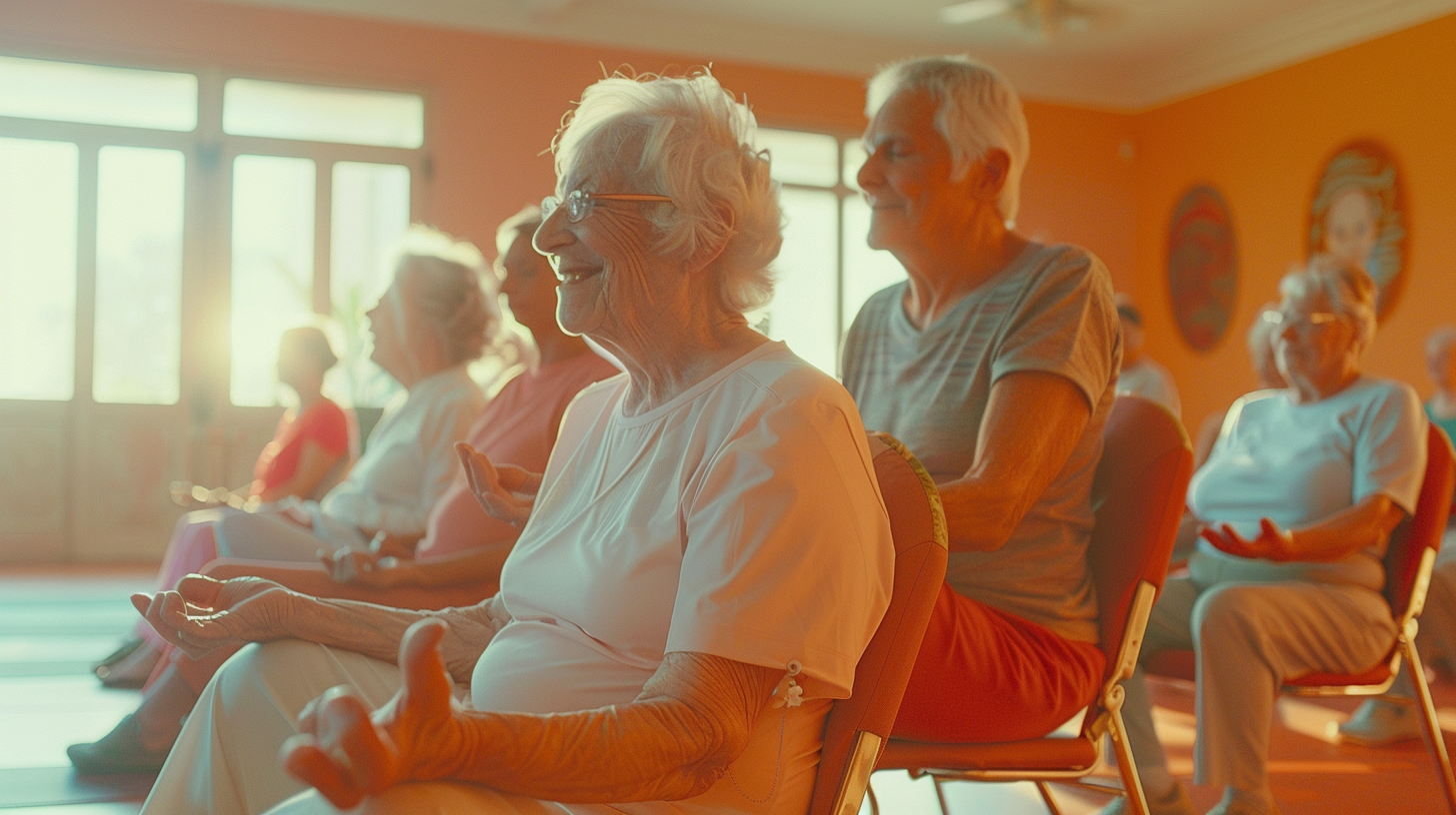 chair-yoga-for-seniors-05 Seniors smiling in yoga class.