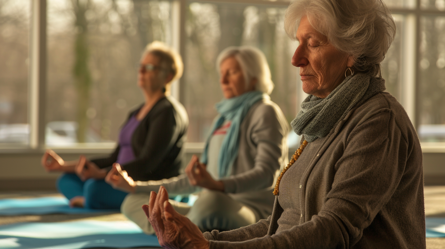 senior-yoga-01 Senior women practicing yoga indoors.