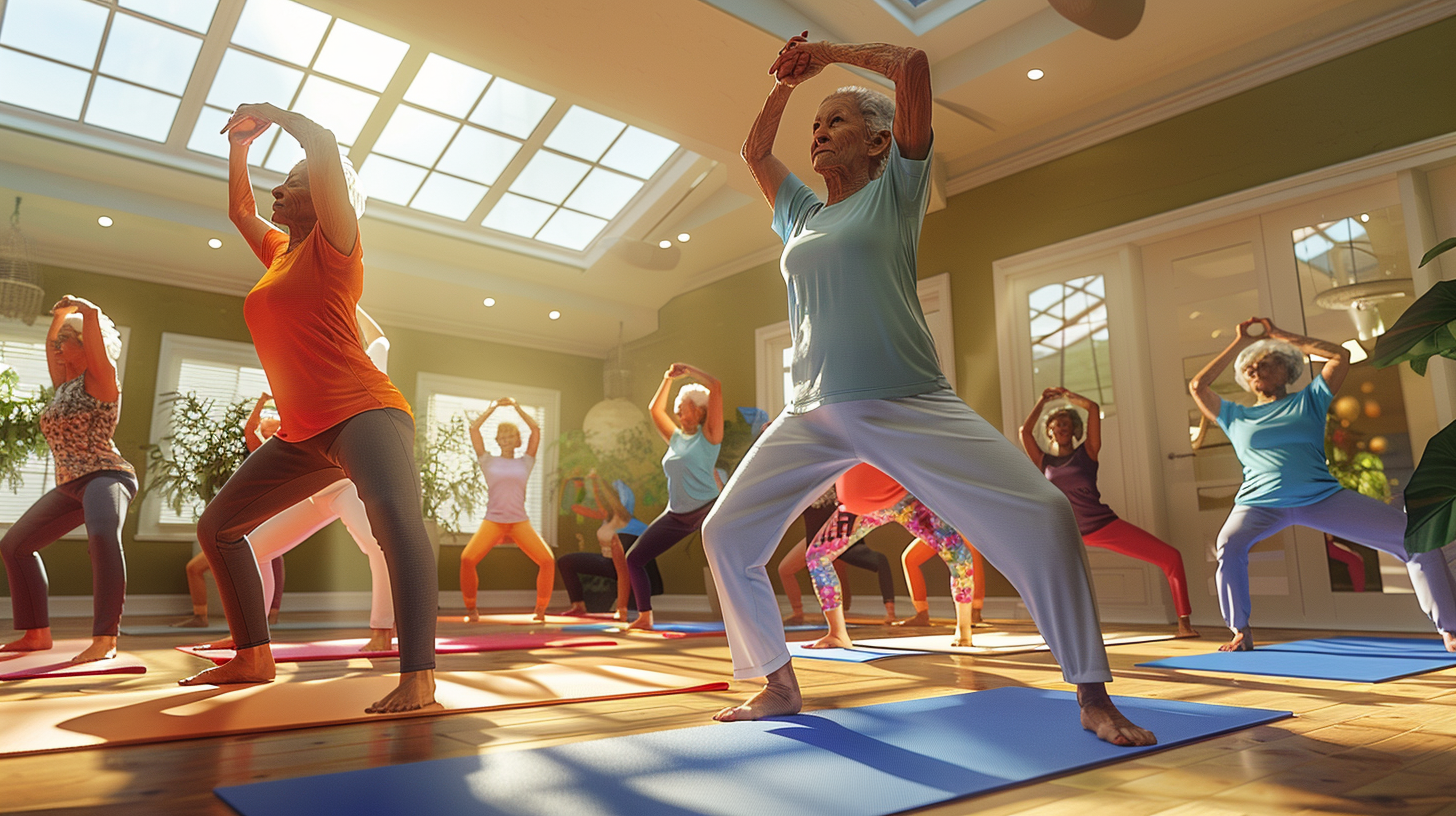 senior-yoga-04 Group yoga class in sunny studio room.