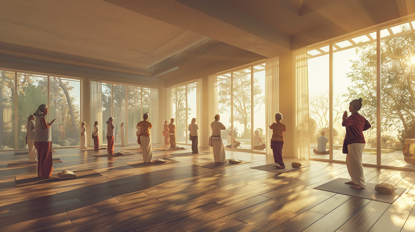 senior-yoga-07 Sunlit yoga class for seniors doing a mindfulness session in a modern studio with forest view.