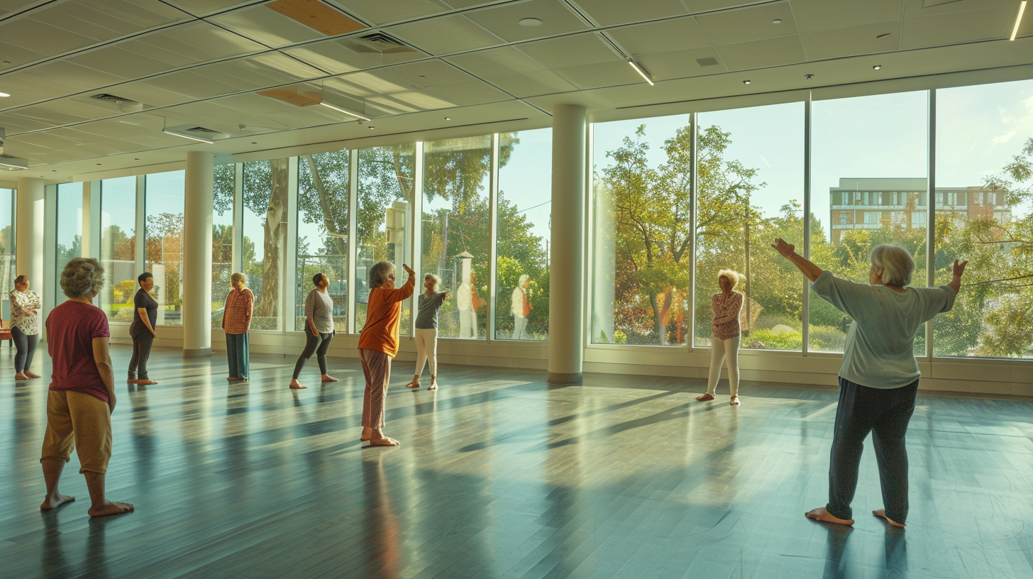 senior-yoga-08 Senior yoga class in sunny, spacious room with large windows.
