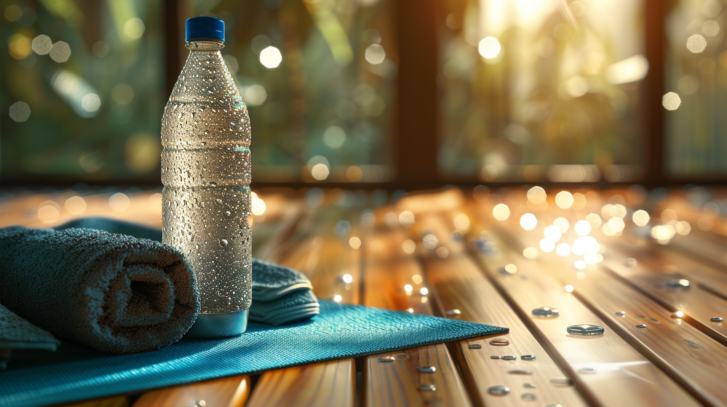 yoga-essentials-01 Condensation on water bottle with towel at yoga studio