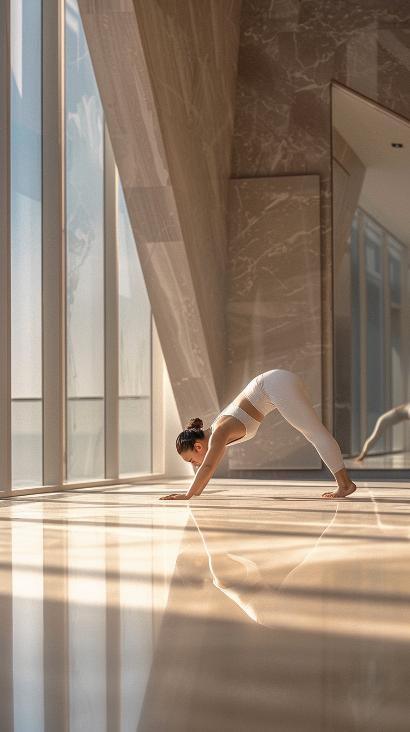 yoga-pose-05 Woman practicing yoga in sunlit room.