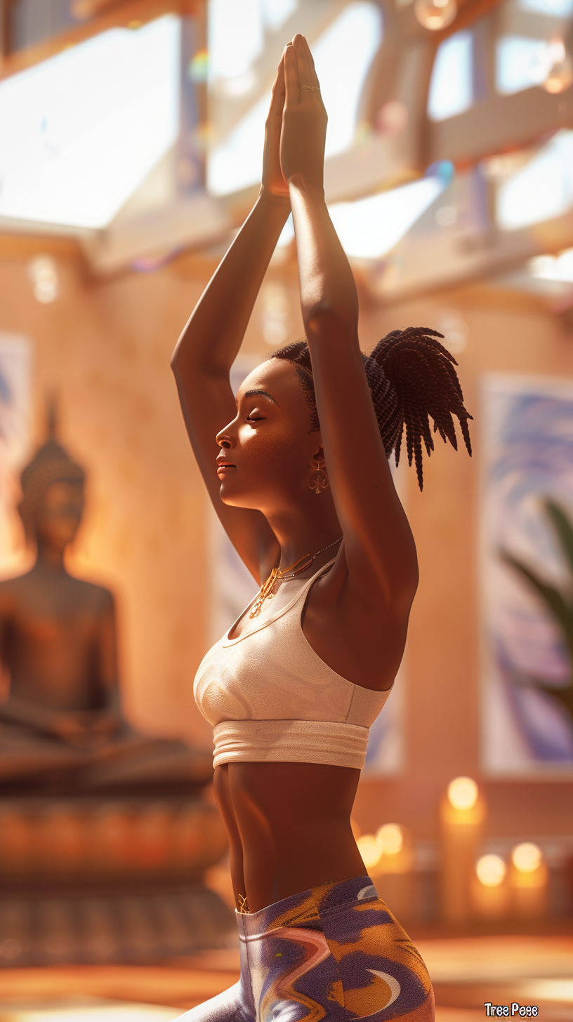 yoga-tree-pose-01 Woman practicing yoga tree pose in serene studio.