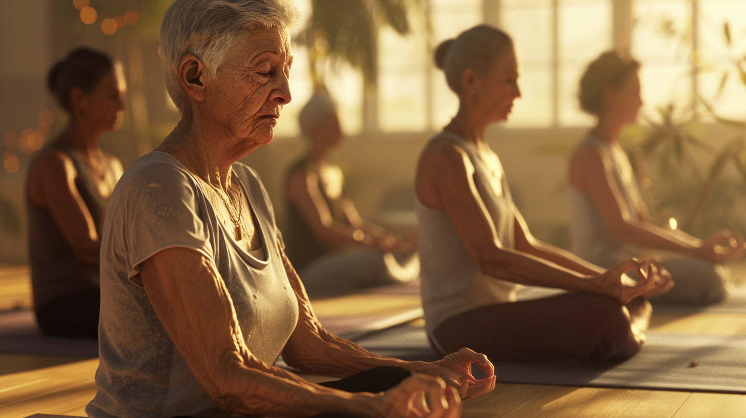 image of senior women practicing yoga in a room