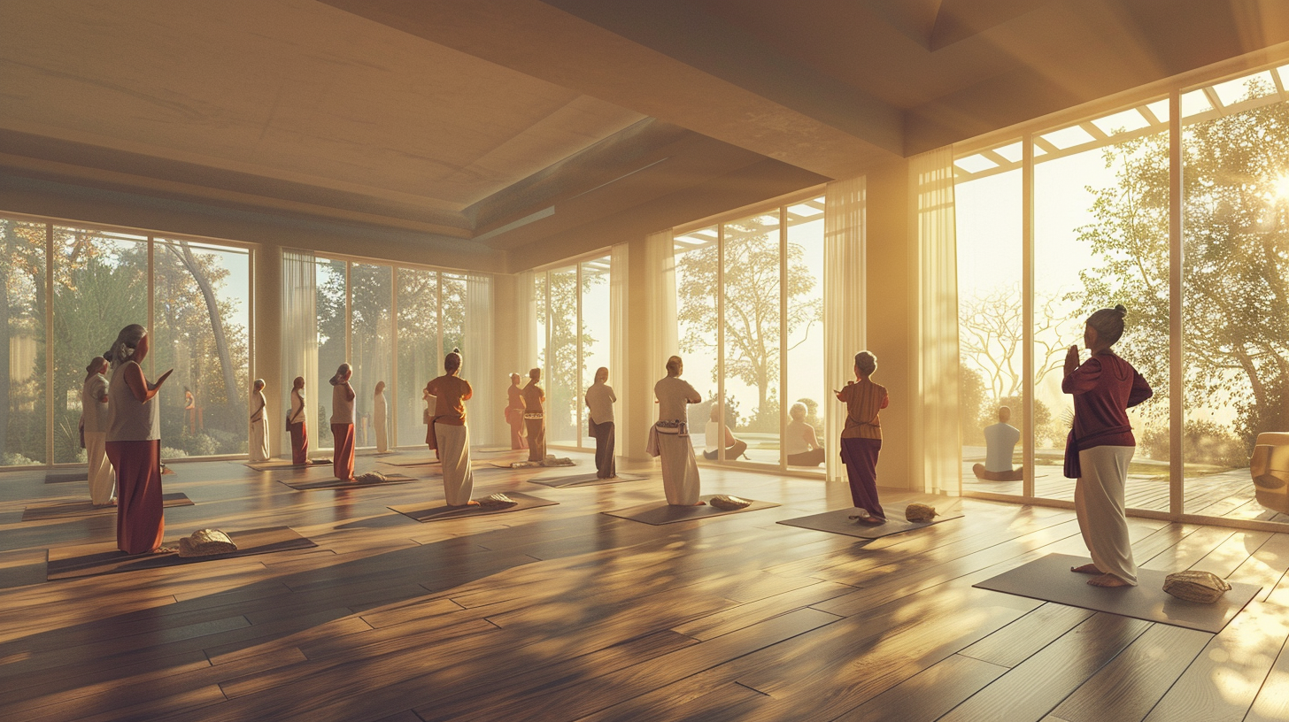 Sunlit yoga class for seniors doing a mindfulness session in a modern studio with forest view.
