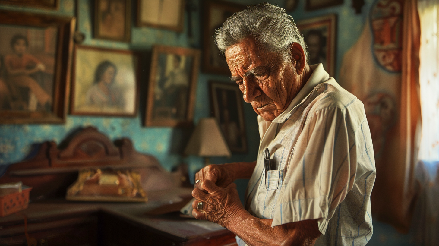 Elderly man contemplating the arthritis in his hand surrounded by paintings in room.