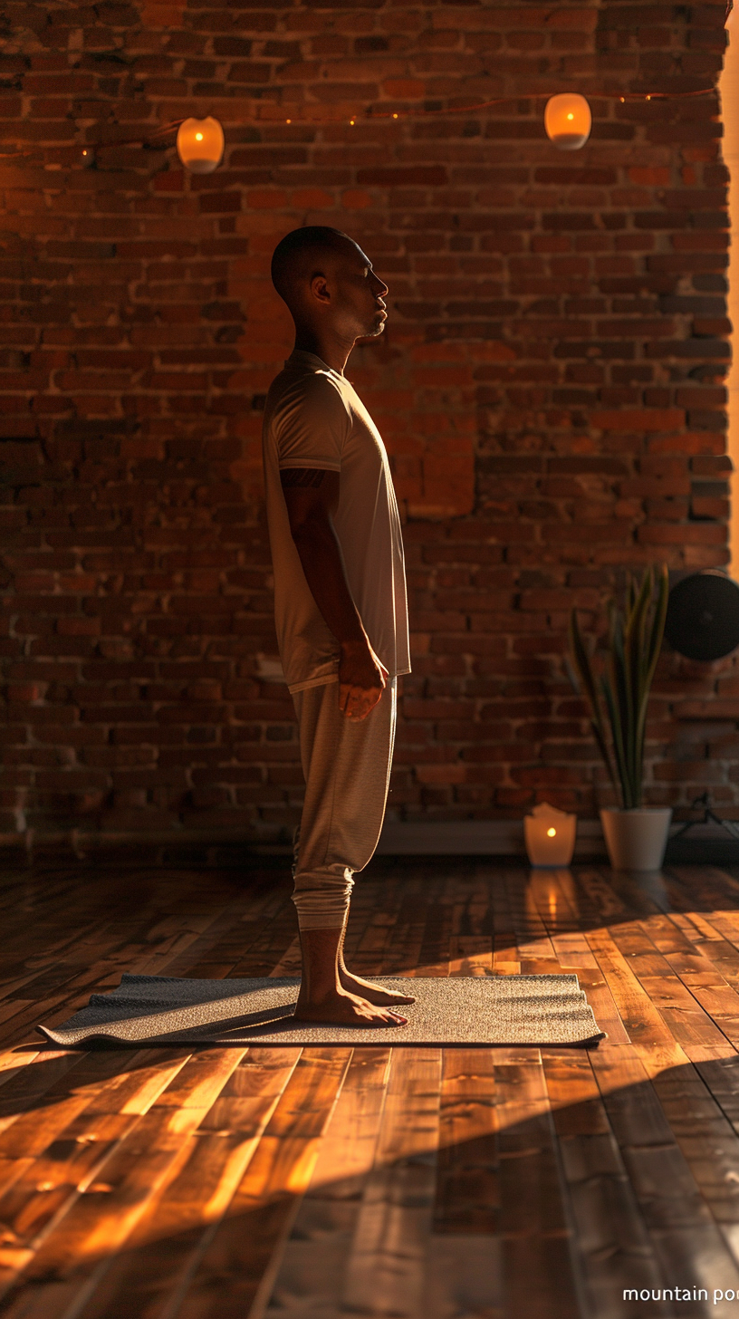 Man practicing yoga in a sunlit brick-walled room.