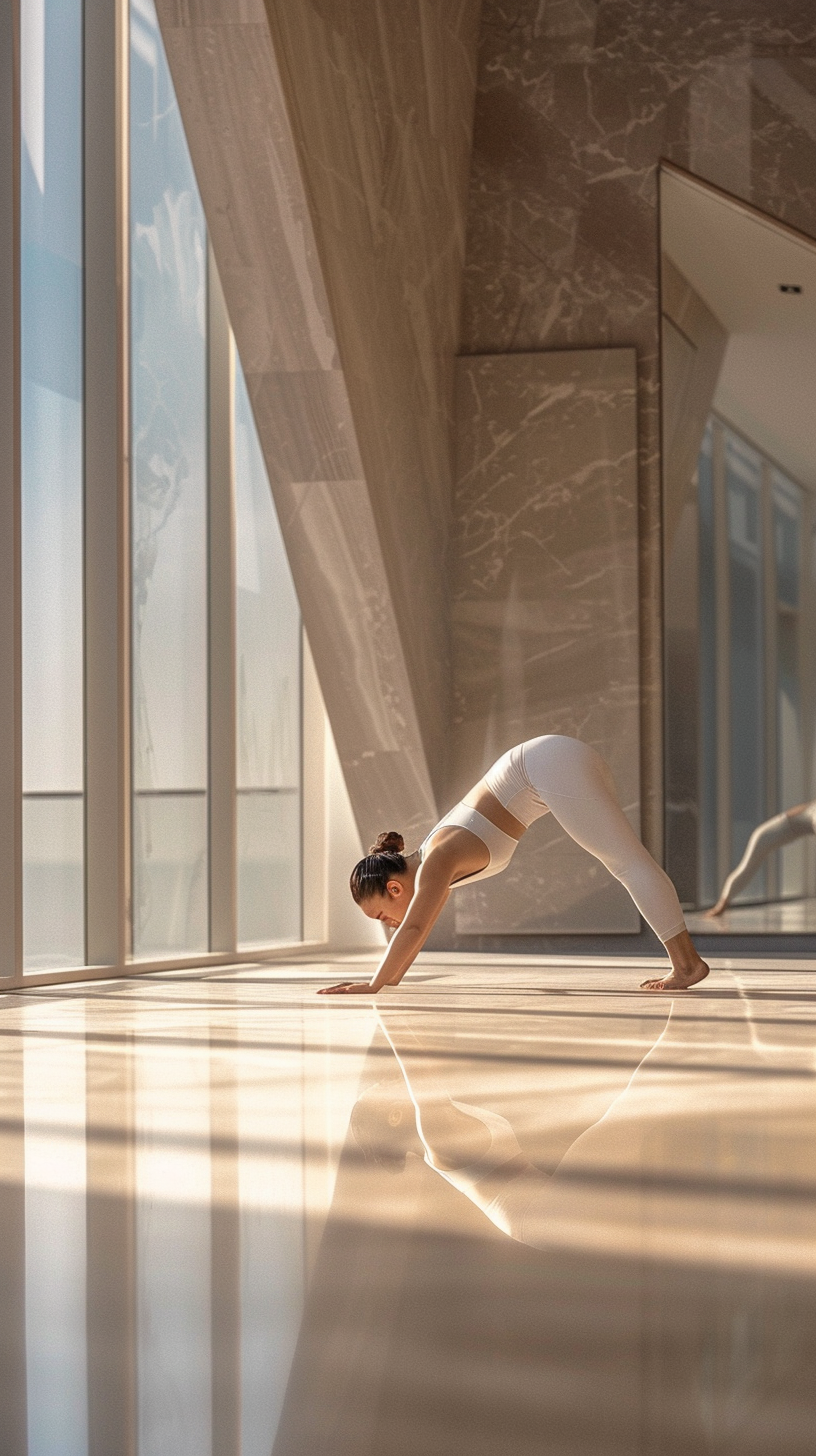 Woman practicing yoga in sunlit room.